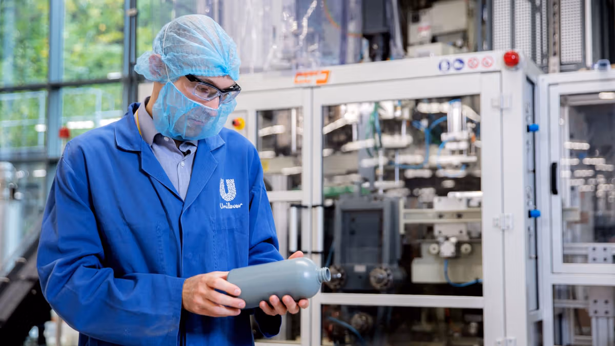 The image shows a Unilever employee holding what appears to be a prototype of their new sustainable packaging.